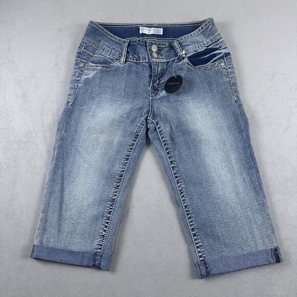 Bermuda Jean Denim Shorts 7 Mid Rise Stretch Curvy Fit Embellished Bling Pedal - Picture 1 of 12
